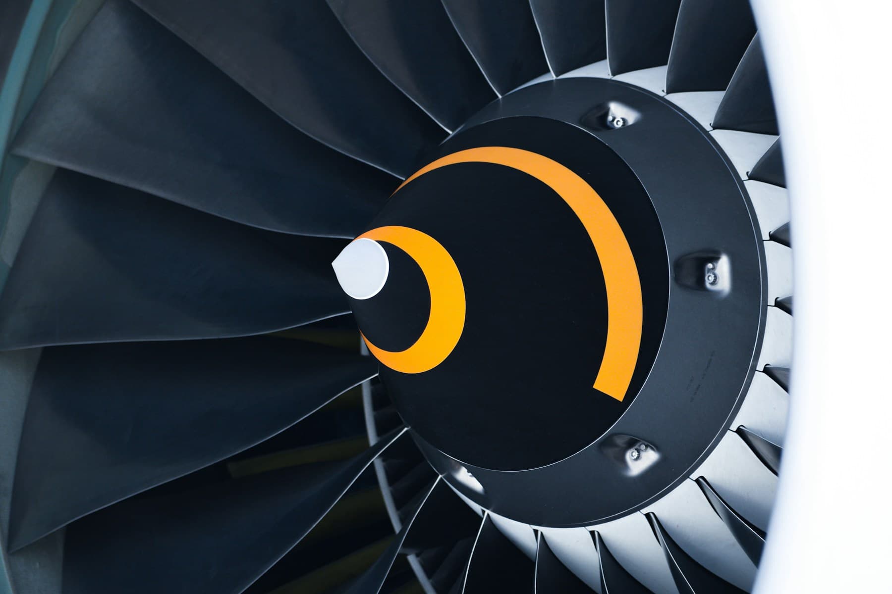 Close-up of turbine fan blades and spinner