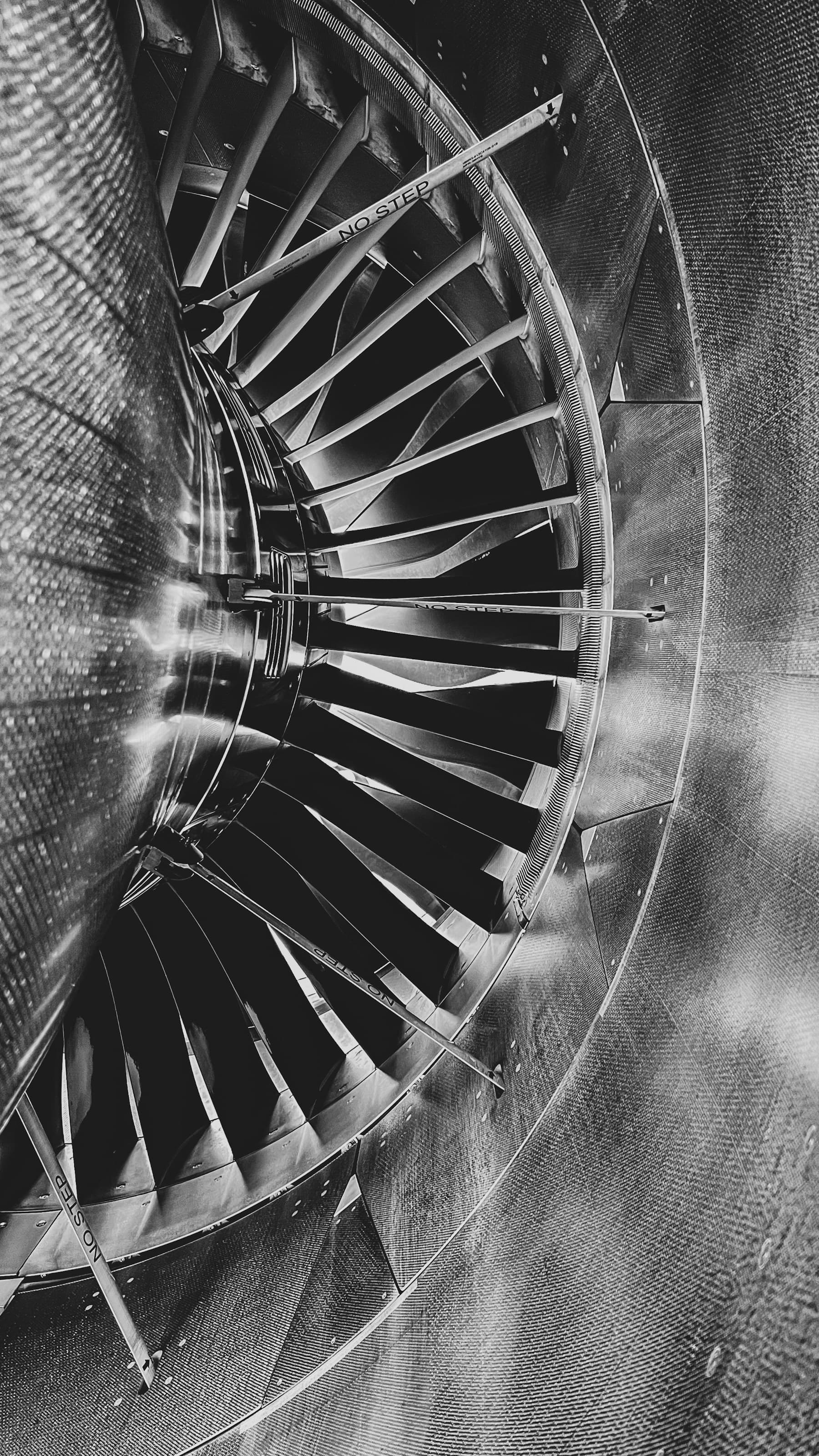 Turbine intake and fan blades seen from inside the nacelle